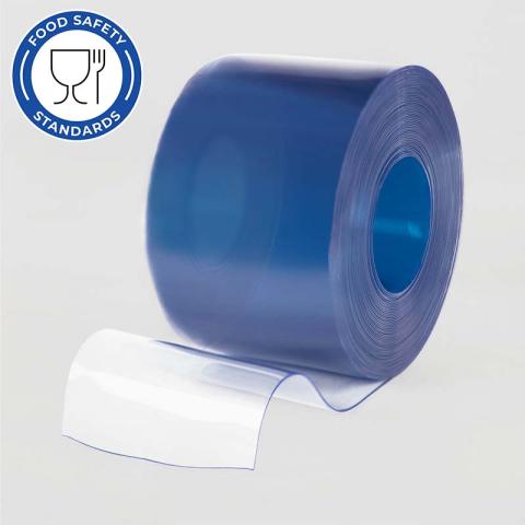 Roll of transparent blue PVC strip certified for food safety standards.