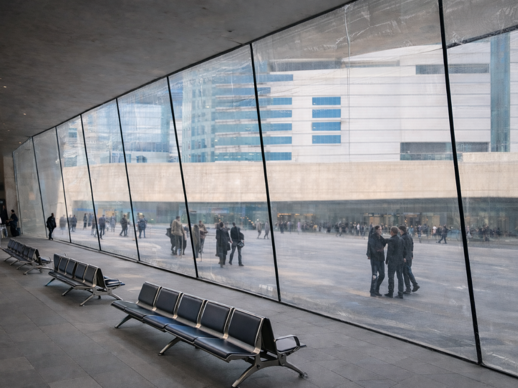 A row of empty black seats sits along a large glass wall overlooking a busy terminal area.