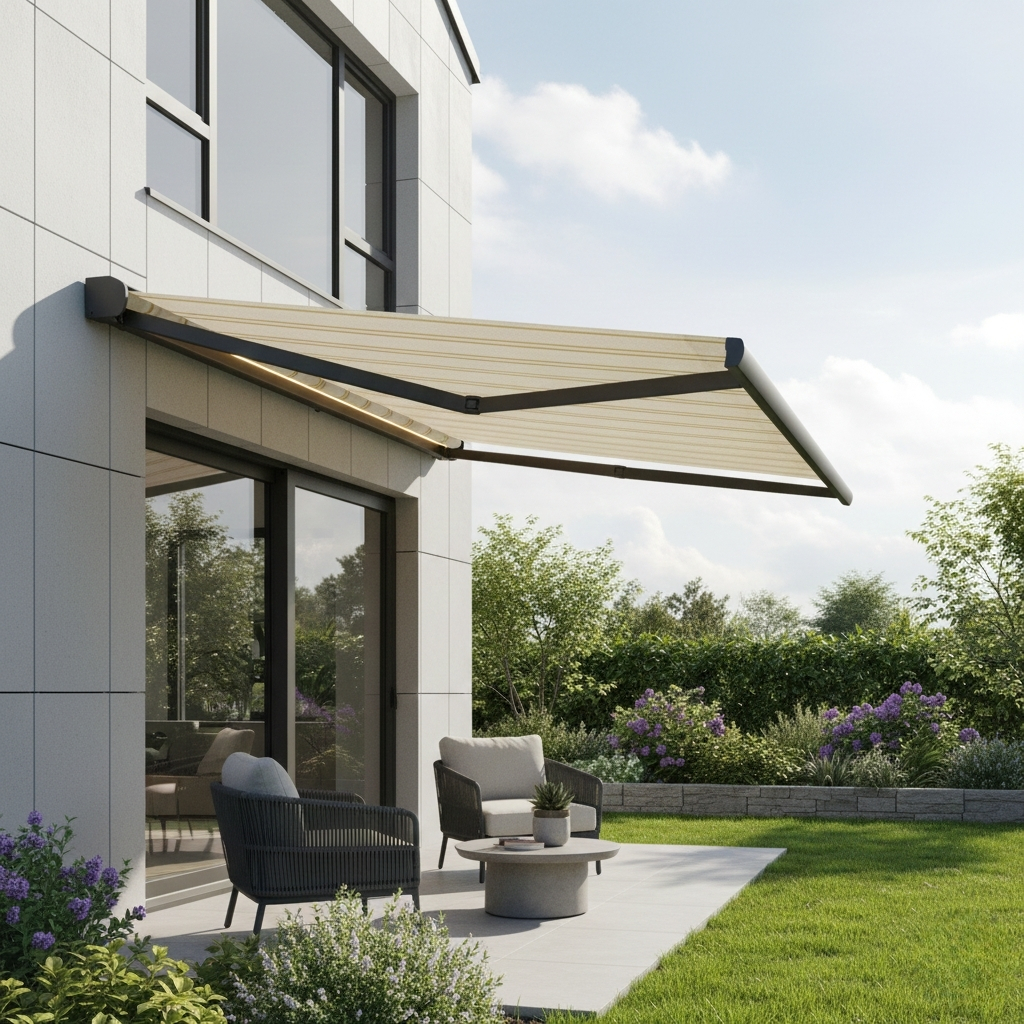 A modern house exterior with a retractable, striped beige awning extended over a patio, featuring outdoor furniture and lush greenery.