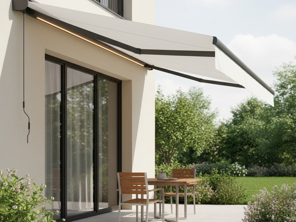 A modern, white retractable awning with integrated LED lighting extended over a small patio area with wooden furniture outside a house with sliding glass doors.