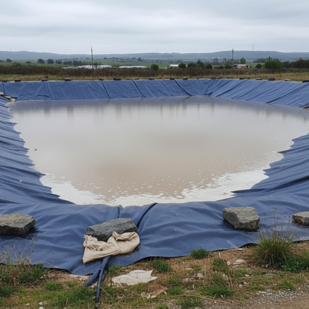 Image of a large, square excavation lined with a blue Coatflex pond liner, partially filled with murky water. Large rocks are placed along the edges to secure the liner.