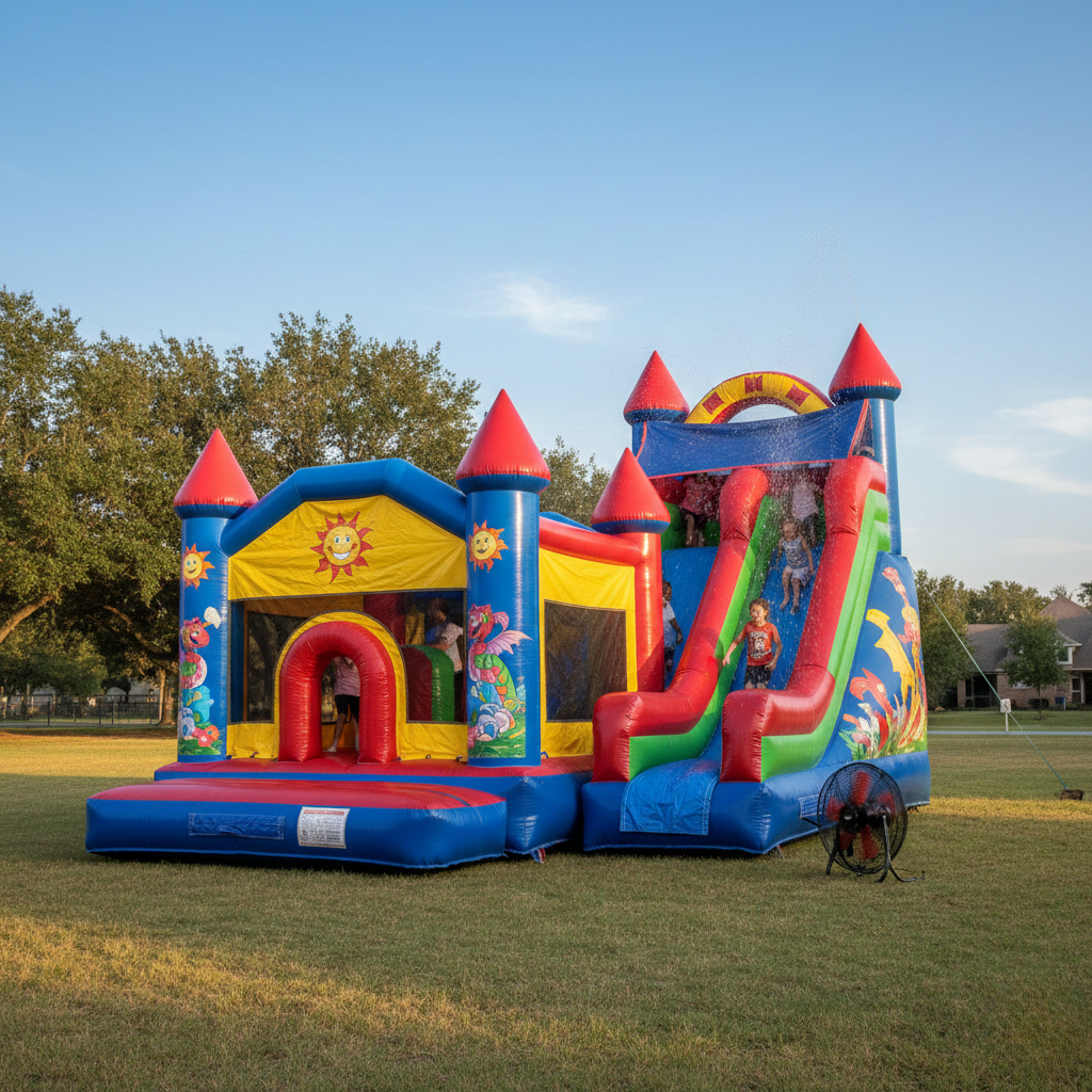A colorful inflatable bounce house and slide combination set up on a grassy lawn. The bounce house section is decorated with sun and dragon graphics, and the adjacent slide has water flowing down it. Children are visible playing inside and sliding down.