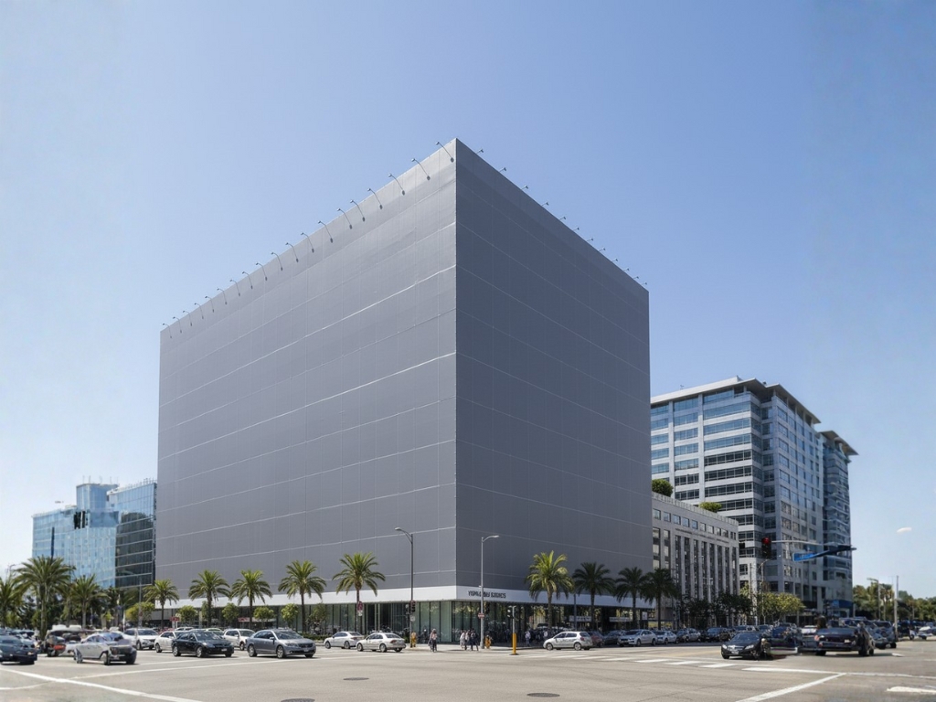 A large, square commercial building in a city covered entirely in a grey mesh or fabric facade wrap, with palm trees and street traffic visible below.