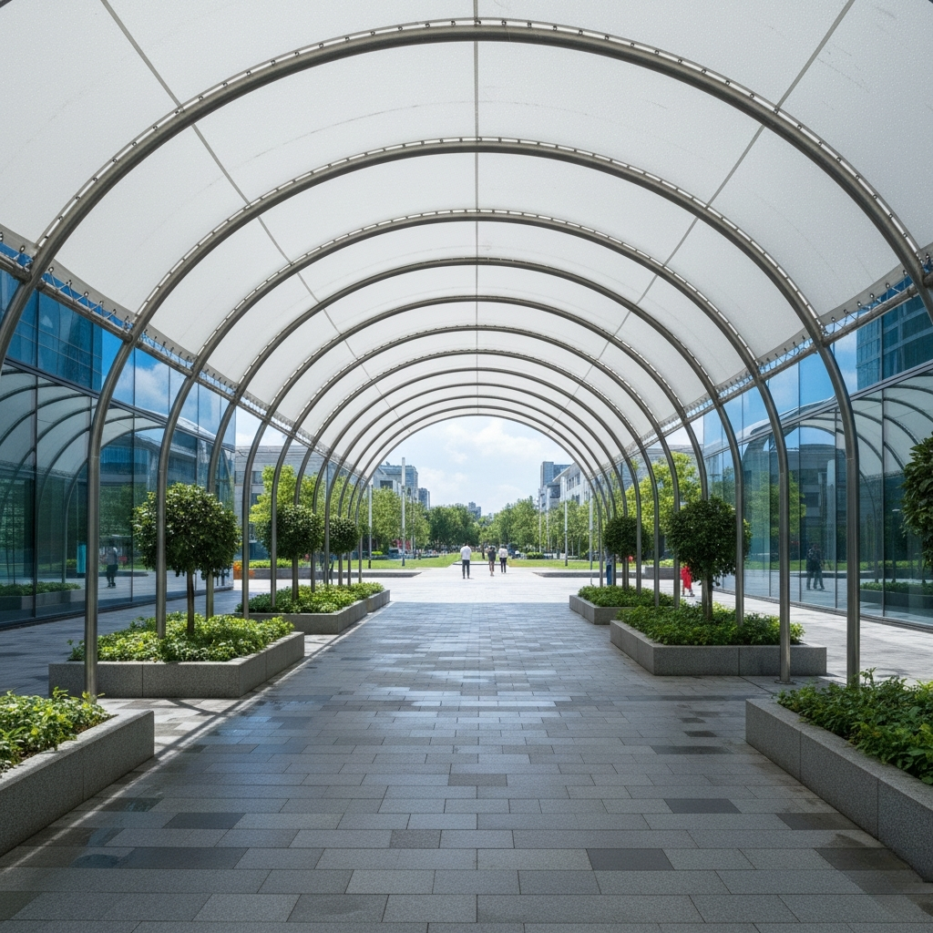 A wide, circular arched white fabric canopy extends over a paved entrance walkway between modern glass-fronted buildings, with small trees planted in raised beds lining the path.