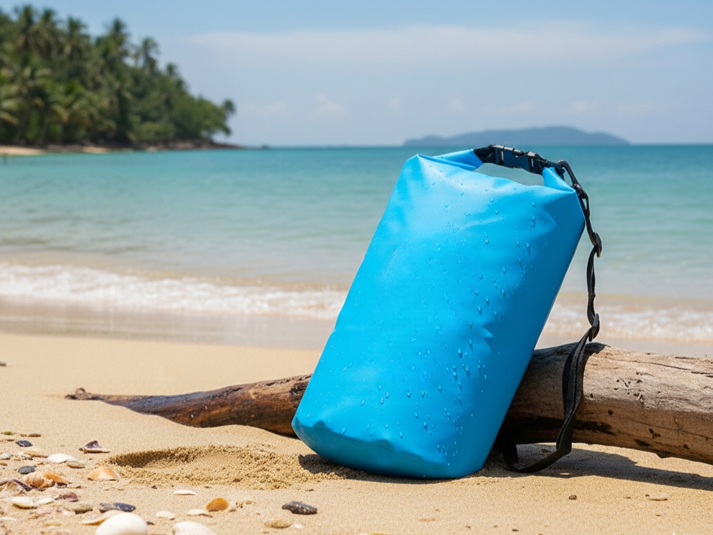 A bright blue, waterproof dry bag rests on a piece of driftwood on a sandy beach. Water droplets are visible on the bag, with the clear blue ocean and a lush, tropical island in the background under a sunny sky.