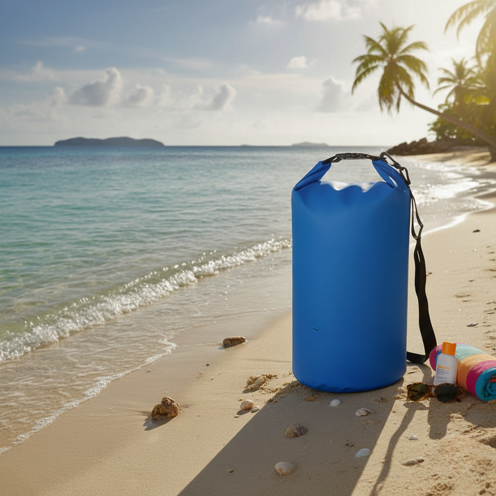 A bright blue, cylindrical waterproof dry bag standing upright on a sunny, sandy beach next to a pair of sunglasses, a rolled towel, and sunscreen. Gentle waves lap the shore, and palm trees and an island are visible in the tropical background.