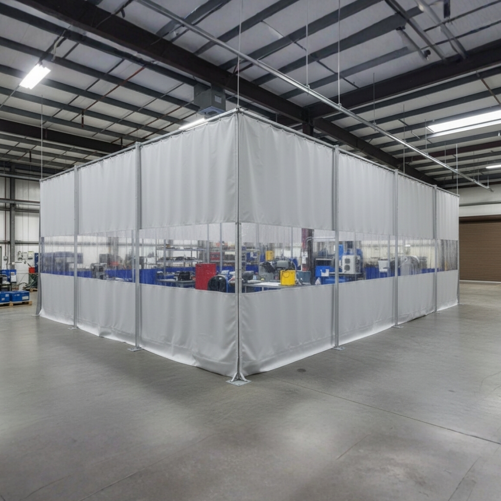 Large, temporary white industrial enclosure or cleanroom made of Coatflex PVC-coated fabric with clear plastic windows, set up inside a warehouse for electronics manufacturing.