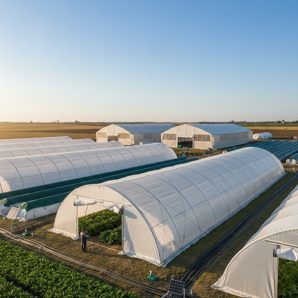 An aerial view of a farm field with multiple large, white, semi-circular hoop-style greenhouses (tunnels) housing crops, under a clear, bright sky.