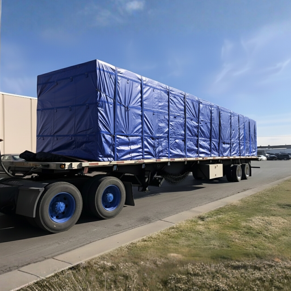Flatbed semi-trailer truck carrying large cargo completely enclosed by a bright blue, tightly secured Coatflex PVC-coated fabric tarp or box cover against a bright sky.