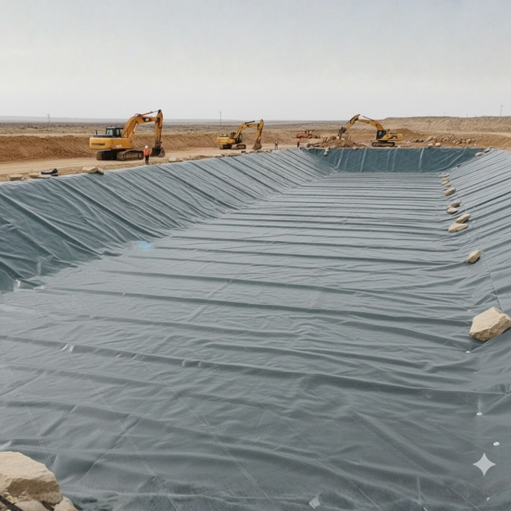 Image of a large excavation lined with a gray/dark Coatflex landfill liner, with several large yellow excavators visible on the dirt slopes in the background under an overcast sky. Rocks are securing the liner edges.