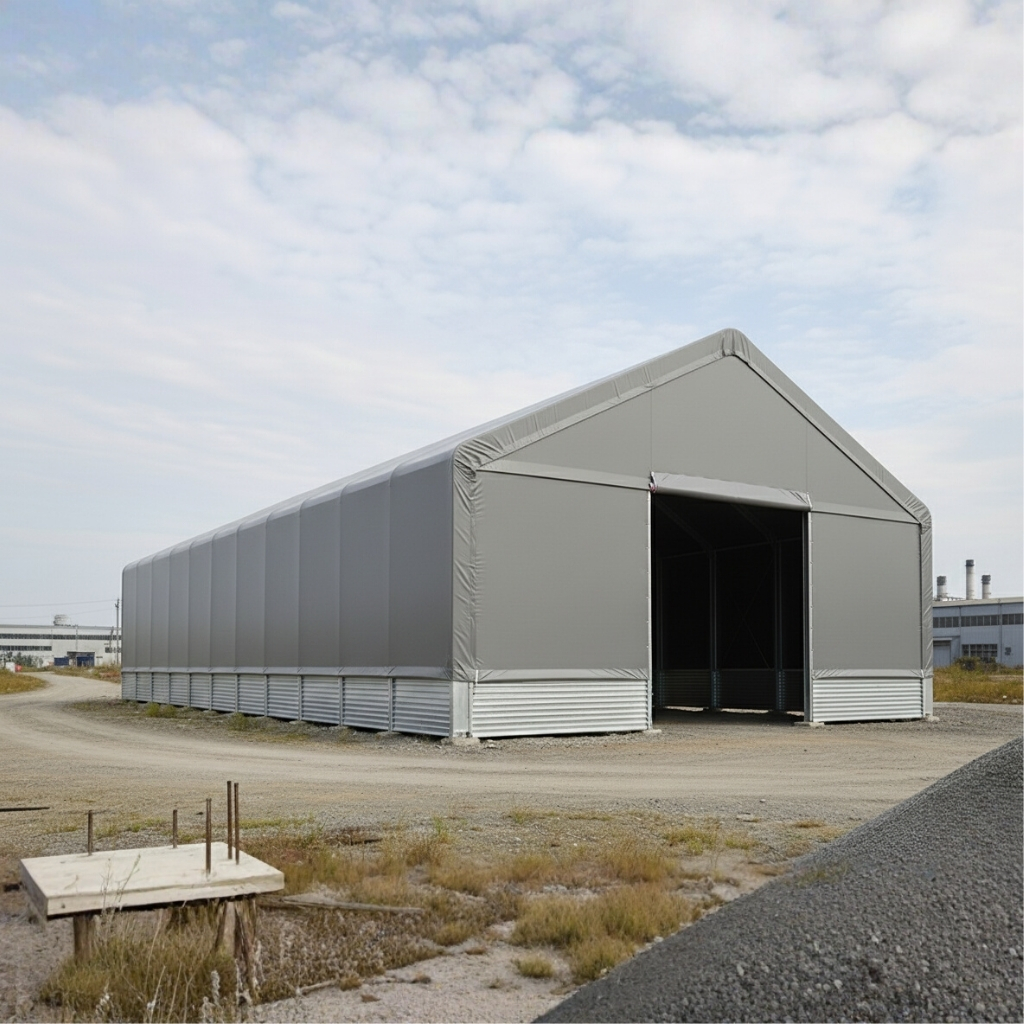 A large, gray temporary or semi-permanent warehouse-style structure with a peaked roof and a wide-open entrance, situated on a gravel and dirt lot.