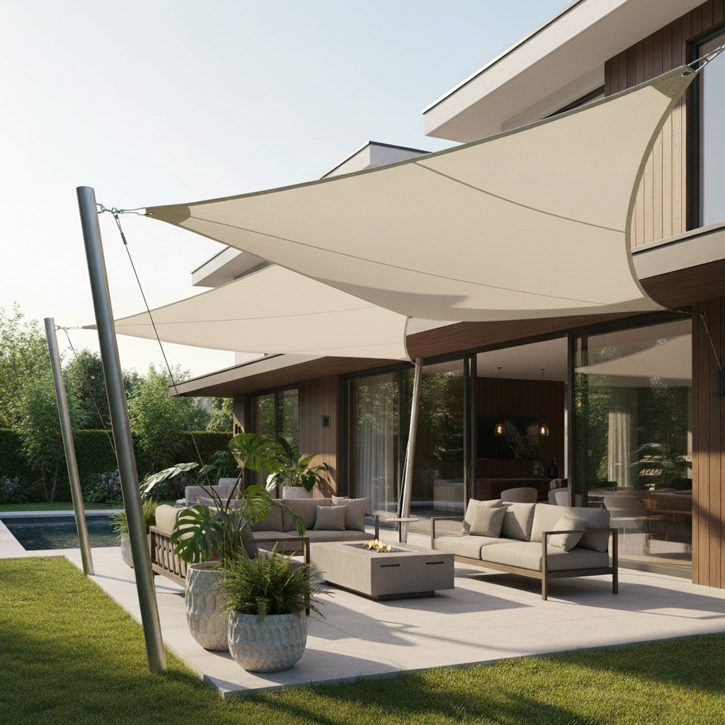 Two overlapping, triangular, beige shade sails are suspended over a modern outdoor patio, providing shade for an arrangement of comfortable outdoor sofas, planters, and a fire pit in front of a house.