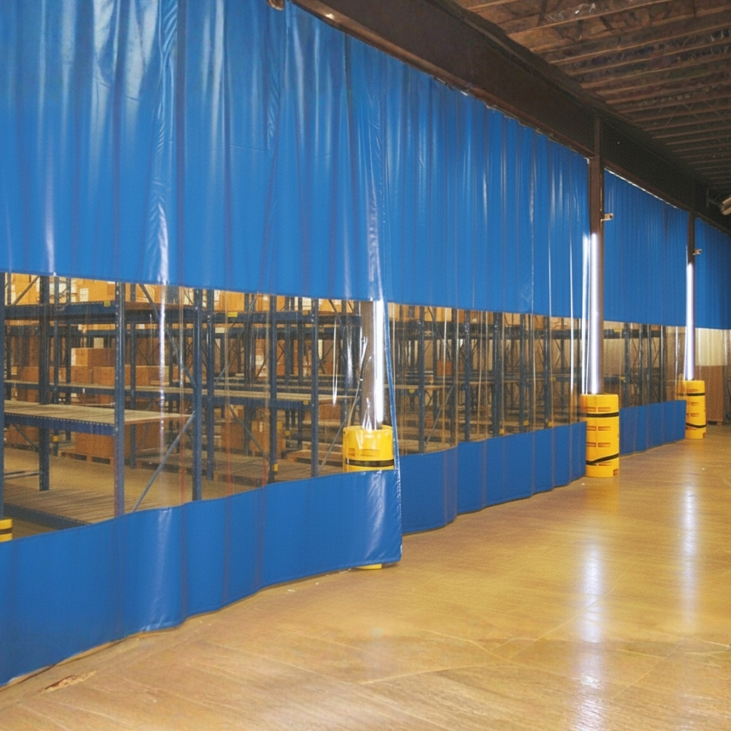 Long, adjustable blue industrial curtain wall or partition made of Coatflex PVC-coated fabric with a clear horizontal viewing strip, used to divide a large warehouse or storage area.