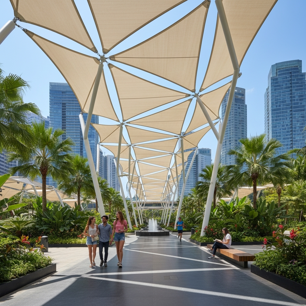 A geometrically patterned, high-reaching beige fabric canopy provides shade over a pedestrian walkway lined with lush greenery and palm trees in a modern urban setting with skyscrapers in the background.