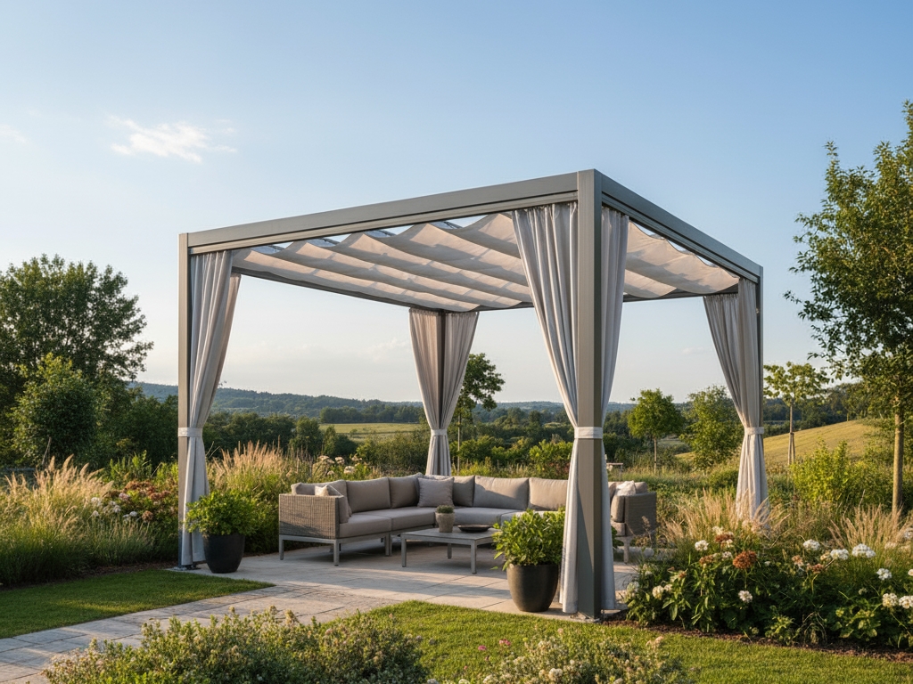 A modern outdoor pergola with a grey frame and retractable fabric roof and side curtains, furnishing a comfortable seating area in a scenic, grassy landscape.