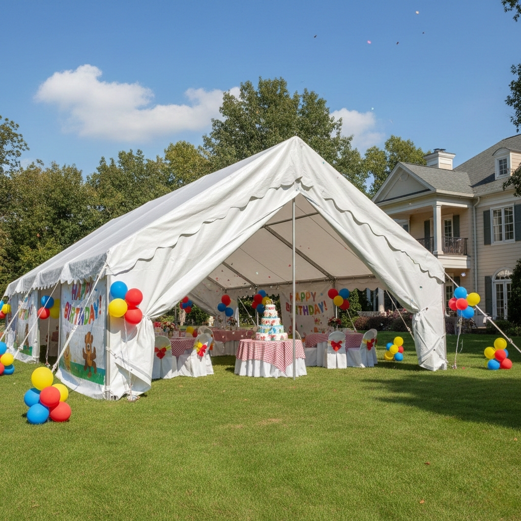 A large white frame tent set up on a grassy lawn for a child's birthday party, featuring colorful balloons and a cake table inside.