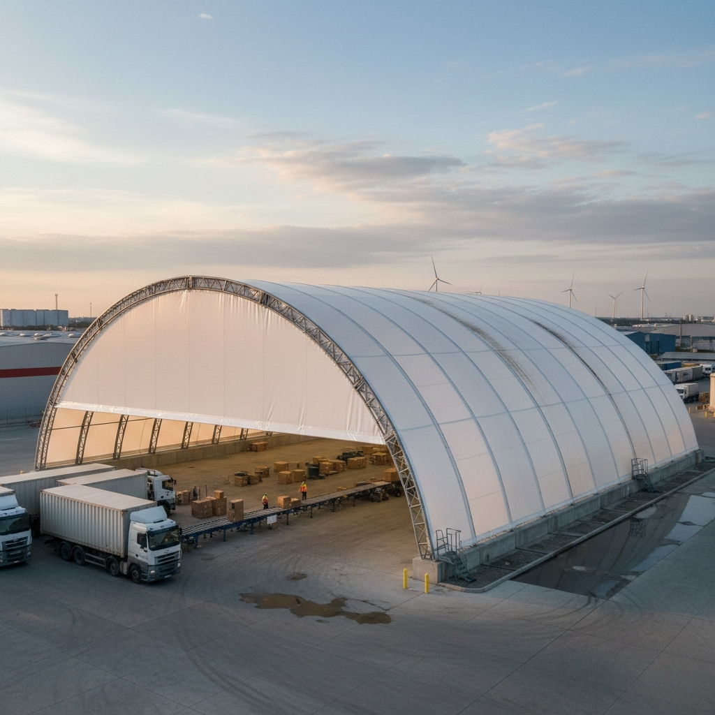 A massive, semi-circular arched fabric structure serving as a temporary warehouse or loading dock, with large semi-trucks parked and workers visible inside.