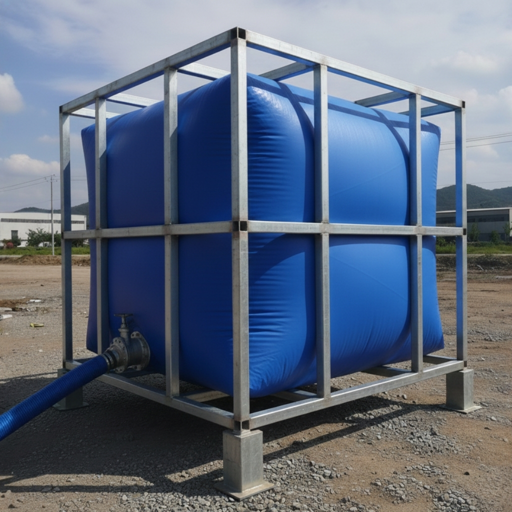 Image of a large, blue, flexible Coatflex water tank/bladder held within a sturdy, square metal cage frame. A blue hose is attached to a valve near the bottom.