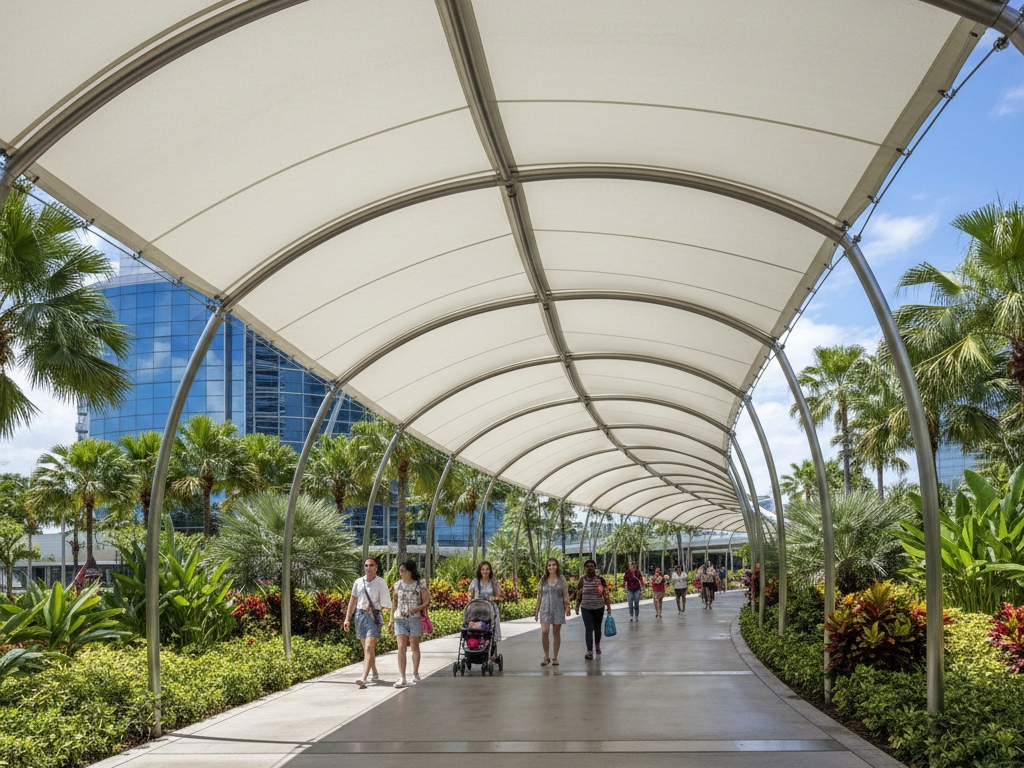 A long, arched white fabric canopy provides shade over a wide, sunlit pedestrian walkway, bordered by lush tropical plants and palm trees, with modern glass buildings visible in the background.
