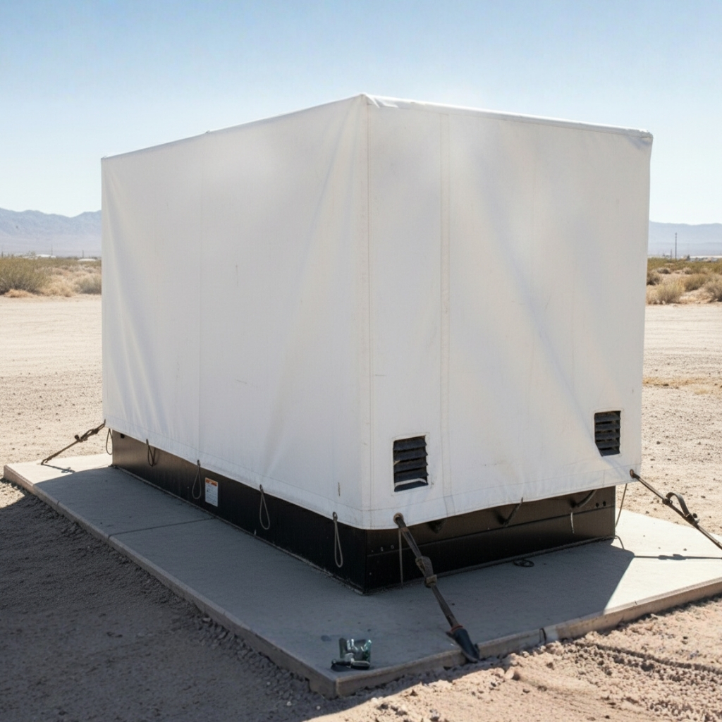 A large, rectangular piece of industrial machinery, possibly a power generator, covered by a heavy-duty, white flexible cover secured to a concrete slab in a dry, outdoor, desert-like environment.