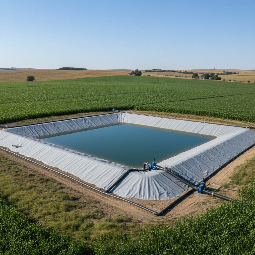 Drone shot of a square irrigation or storage pond lined with a light grey/white Coatflex pond liner in a sunny agricultural field, surrounded by vibrant green crops. Blue pipes and valves are visible near the edge.