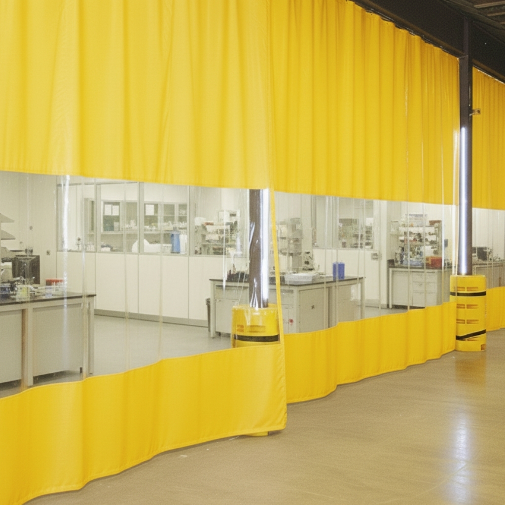 A long, continuous yellow industrial curtain partition with a clear plastic window section running horizontally through the middle, separating a laboratory or production area.