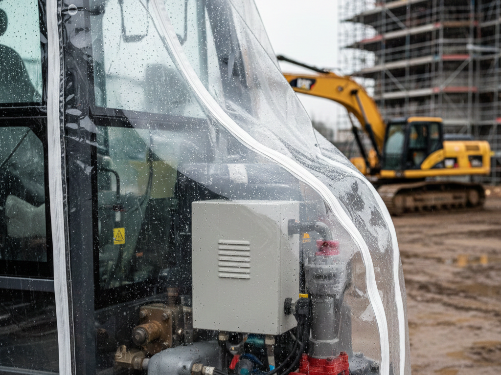 Clear vinyl equipment cover protecting machinery on an outdoor construction site.