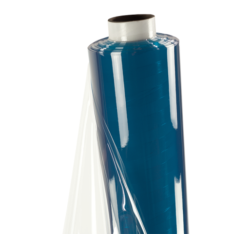 Transparent fine vinyl sheet roll with a blue protective layer around a white core.