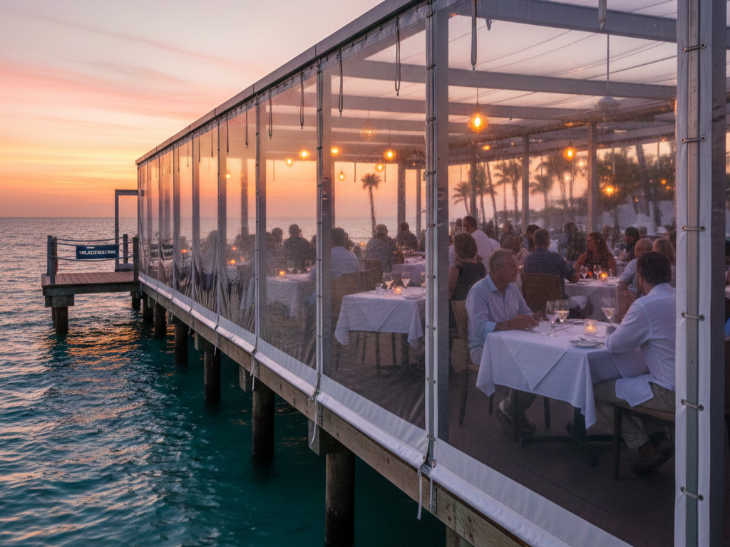 Upscale waterfront restaurant on a pier at sunset, enclosed by clear vinyl weatherproofing panels.