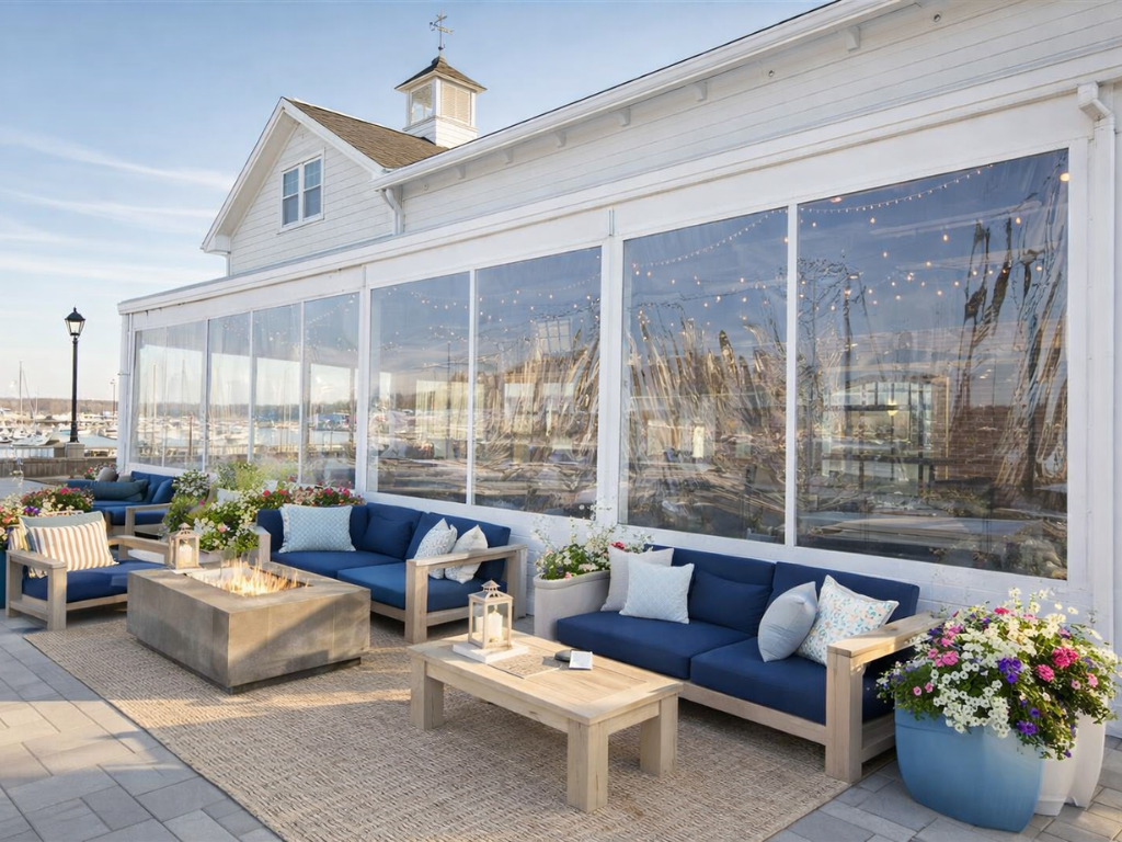 Restaurant terrace enclosed with clear vinyl panels overlooking a marina.