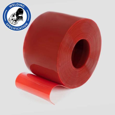 Roll of red PVC welding strip with welding specification certification logo.