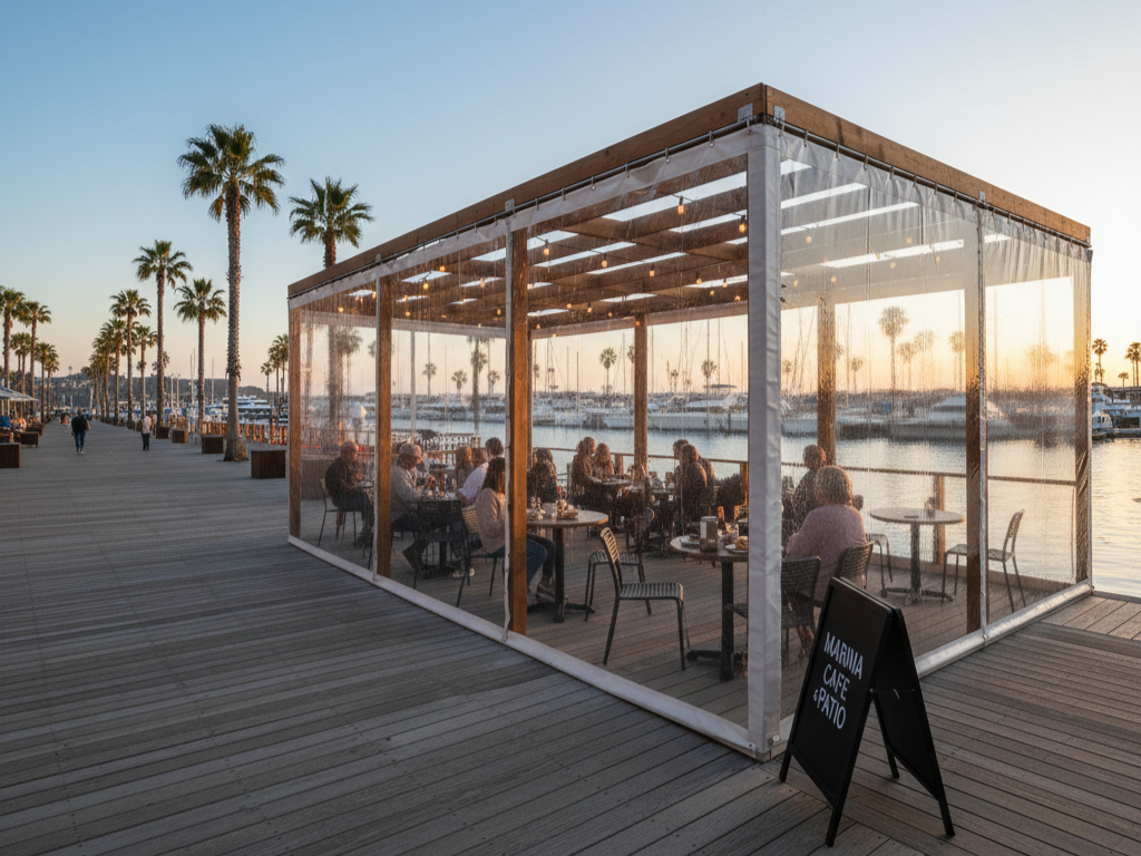Patrons dine at tables inside a wooden-framed structure with clear vinyl walls on a boardwalk lined with palm trees.
