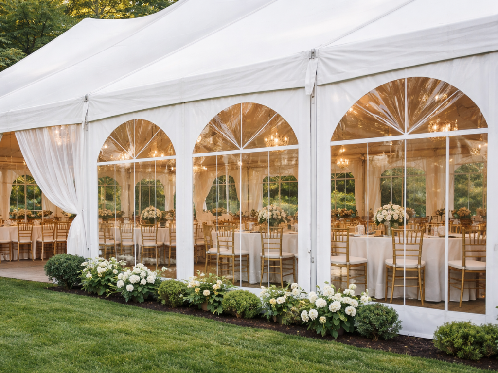 A large white event tent with arched clear windows, revealing an elegant indoor dining setup with gold chairs.