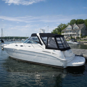 Boat on a marina using clear vinyl awning.