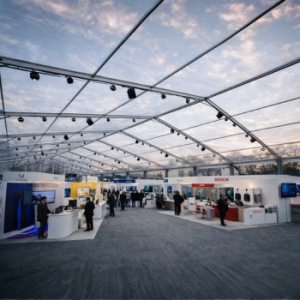 Tradeshow event using clear finevinyl as roof.