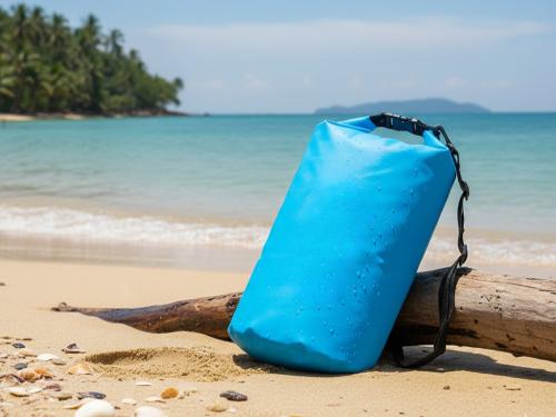 A bright blue, waterproof dry bag rests on a piece of driftwood on a sandy beach. Water droplets are visible on the bag, with the clear blue ocean and a lush, tropical island in the background under a sunny sky.