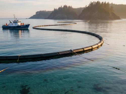 A long, black containment boom (likely oil booms) floats in a clear, blue-green ocean cove, extending in a curve from the shore toward the open water. A small commercial boat is visible nearby, with rocky, forested cliffs in the background.