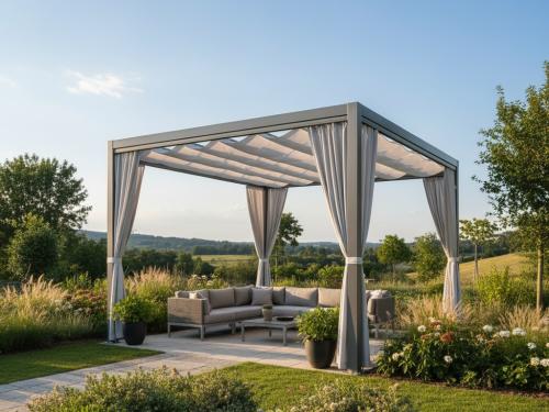 A modern outdoor pergola with a grey frame and retractable fabric roof and side curtains, furnishing a comfortable seating area in a scenic, grassy landscape.