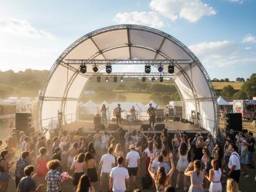 A large, temporary outdoor concert stage with an arched white fabric roof, where a band is performing to a crowd of people at a sunny music festival.