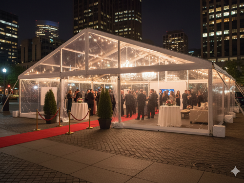 People gather for a formal event inside a clear tent illuminated by string lights and chandeliers at night.