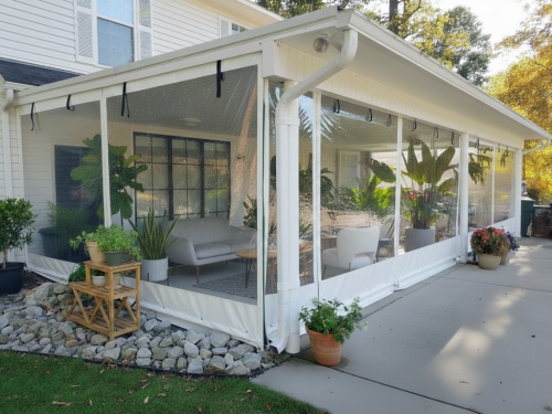 A white residential patio enclosed with clear vinyl weather curtains, featuring a modern sofa and indoor plants.