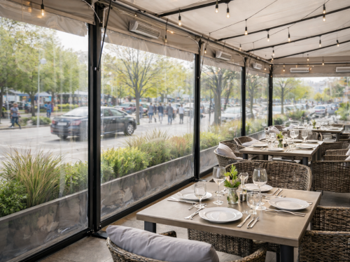 A covered outdoor restaurant terrace with set tables, protected by floor-to-ceiling clear cafe blinds.