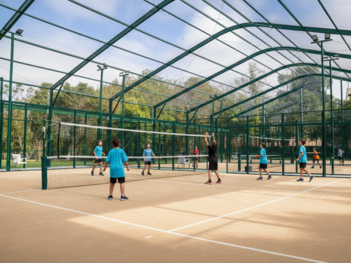 Shildren play volleyball inside a large green metal-framed enclosure with a transparent roof.