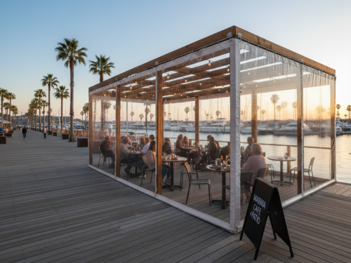 Patrons dine at tables inside a wooden-framed structure with clear vinyl walls on a boardwalk lined with palm trees.