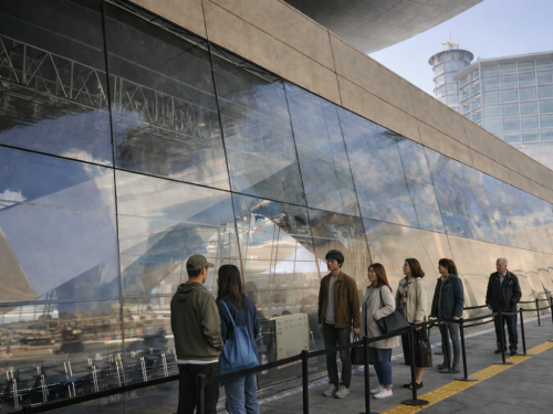 A group of people stands in line outdoors next to a long, reflective glass wall of a modern building.